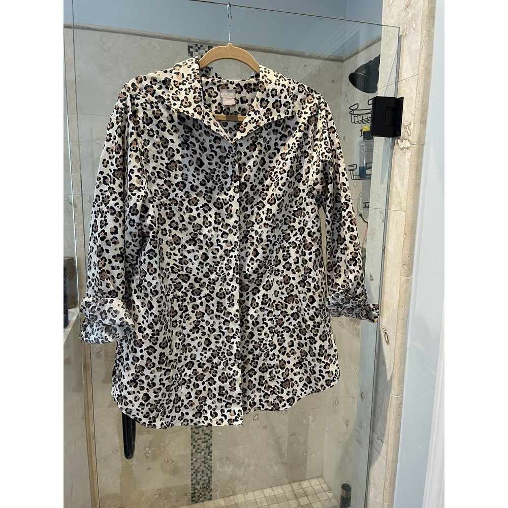 Chico's No Iron Animal Print Long Sleeve Button Down Blouse White Tan Size 2